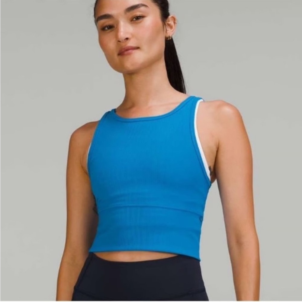 Lululemon Power Pivot Cropped Tank Top Rib Poolside Blue High Neck | Large